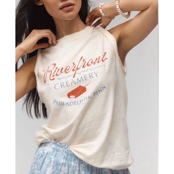Anthro X Pilcro Riverfront Creamery Vinnie Muscle Tee Graphic Top small NEW - Picture 9 of 9